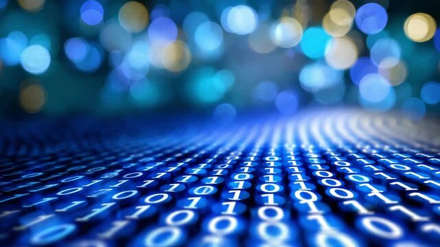 Binary code digital data technology with glowing blue lights creating futuristic digital atmosphere
