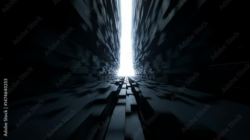 Poster exploring a futuristic abstract corridor with towering black structures leading to a bright light