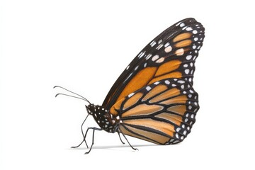 Monarch butterfly, vibrant orange and black wings, isolated on white.