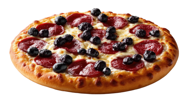 Pepperoni and Black Olive Pizza: A close-up shot of a tempting pepperoni and black olive pizza, with the cheesy, savory toppings arranged in a pleasing pattern.