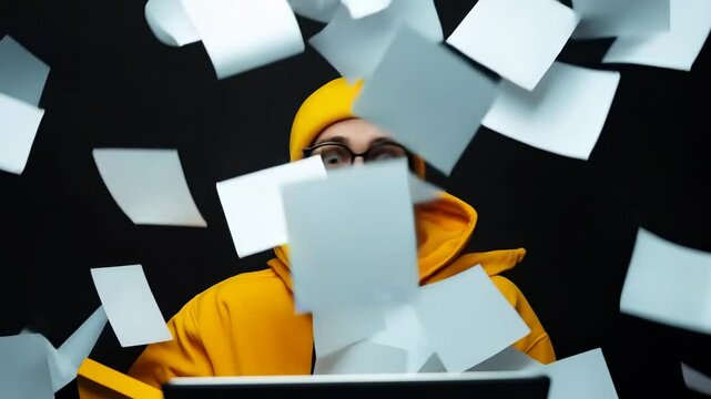 Exciting moment of a young man celebrating creativity in a vibrant workspace filled with flying paper, expression reflects happiness and inspiration as he embraces the chaotic atmosphere.