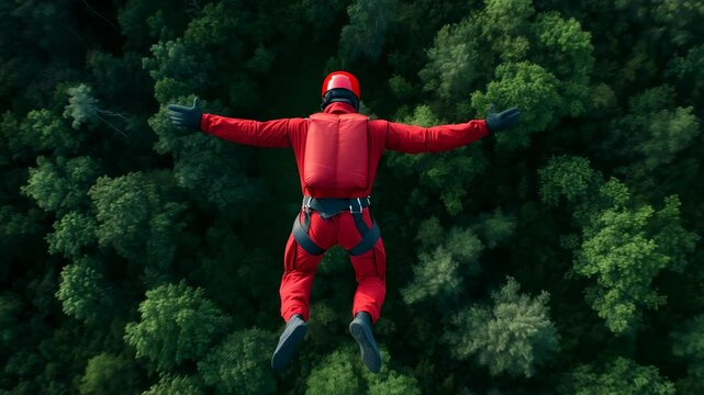 A parachutist in a red jumpsuit dives over a lush green forest, the parachute did not open
