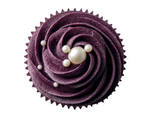 Purple cupcake with intricate frosting and pearl decorations, white isolate background