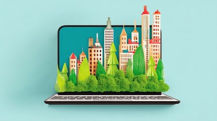 Digital Cityscape Creation with Lush Green Trees Emerging from a Modern Laptop Display