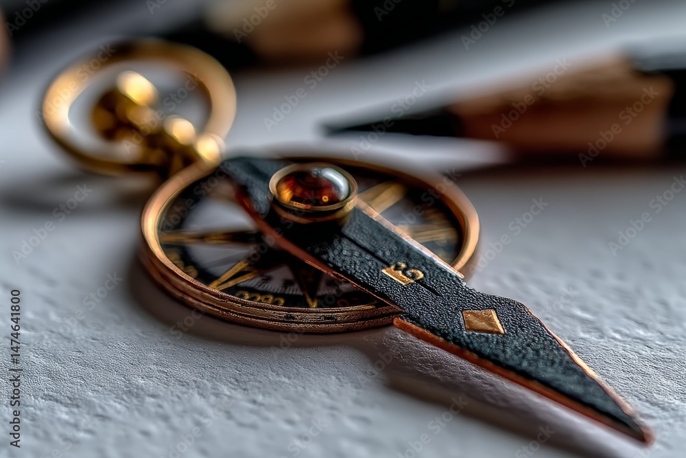 Poster antique compass with intricate design resting on a textured surface surrounded by sharpened pencils 