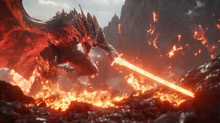 a close up of a dragon attacking a man with a sword