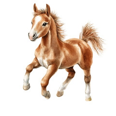 Naklejka premium Charming digital illustration showcases a spirited young horse in a galloping pose. The colors are vibrant and the style is expressive.