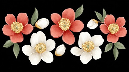 Vibrant Floral Design with Red and White Flowers on Black Background for Creative Projects