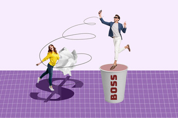 Obraz premium Zine creative photo collage of happy businessman businesswoman receive dollar income success capital profit millionaire boss