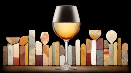 Elegant Glass of Wine Surrounded by Colorful Stone Shapes on Dark Background