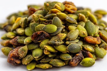Healthy mix of pumpkin seeds and dried fruits on display in a light setting for nutritious snacking options