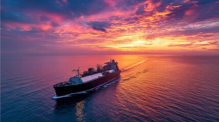 Naklejka premium A big LNG tanker ship travelling over the calm ocean during sunset