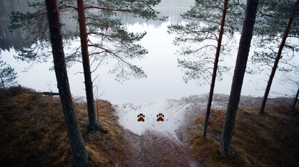Tranquil Forest Path Leading to The Calm Water with Animal Paw Prints on the Shoreline
