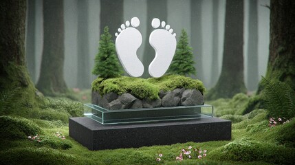 Artistic Representation of Footprints Surrounded by Nature with a Calm Forest Background