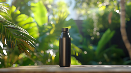Hydration Sanctuary: A sleek black water bottle rests on a wooden surface, embraced by the vibrant greenery of a sun-drenched outdoor setting.