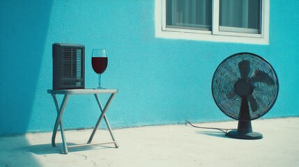 Wine Glass and Fan on Table with Blue Wall Background in Bright Summer Setting