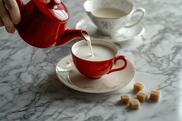 Red teapot pouring creamy liquid into red teacup