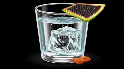 Refreshing Beverage with Ice, Citrus Slice, Almonds, and Solar Energy Concept in Background