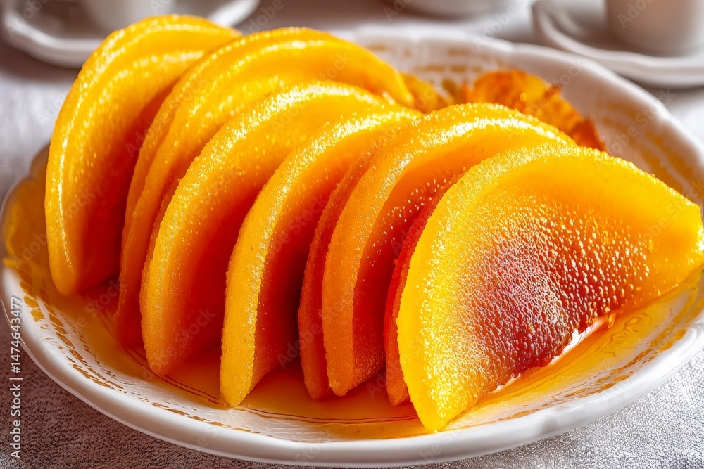 Poster delicious slices of ripe mango topped with syrup served on a decorative plate at a dessert table