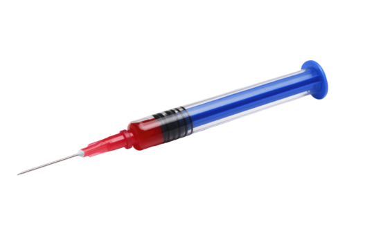 A medical syringe filled with red liquid