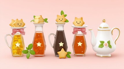 Sweet and Colorful Treats with Star-Shaped Cookies and Elegant Teapot on Soft Pink Background