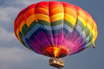 Fototapeta premium Colorful hot air balloon ascends into the sky during a bright afternoon in a tranquil landscape