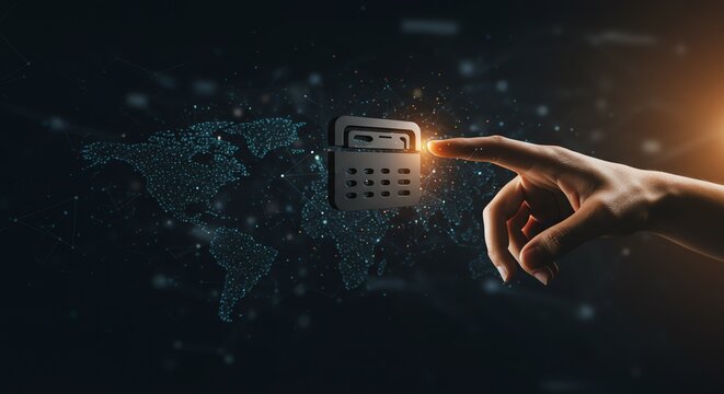 Calculator Touching Finger Over World Map Background