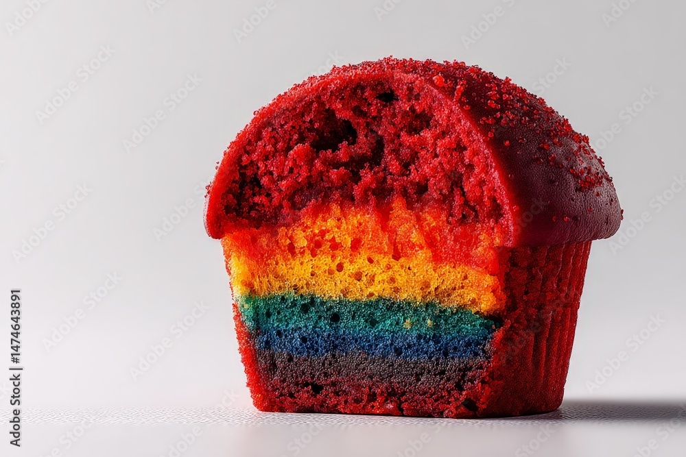 Poster bright rainbow cupcake with colorful layers sliced in half on a neutral background