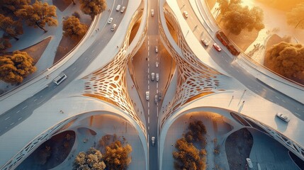 Aerial view of a multi-level highway interchange surrounded by lush green fields and trees.