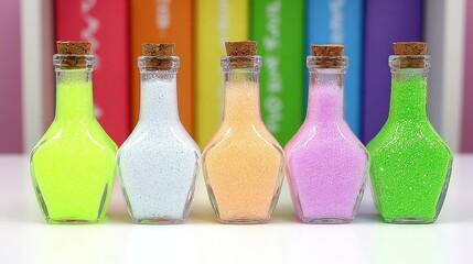 Colorful Glitter Bottles Displayed in a Bright and Cheerful Setting with Blurred Background