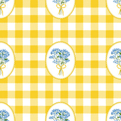 Coquette trellis floral seamless pattern on a checkered background. Vintage Rustic Design. Myosotis bouquet vector illustration