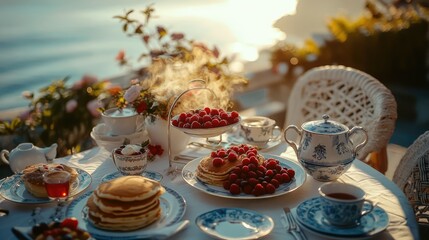 A beautifully set breakfast table overlooking a turquoise sea view