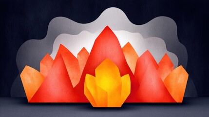 Abstract illustration of vibrant mountains with geometric shapes and a fiery color palette