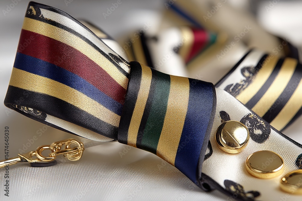 Poster Elegant ribbon featuring multicolored stripes and buttons displayed on a soft fabric surface
