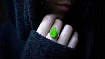 Woman Wearing Unique Green Ring with Close-Up Focus on Hand in Black Hoodie