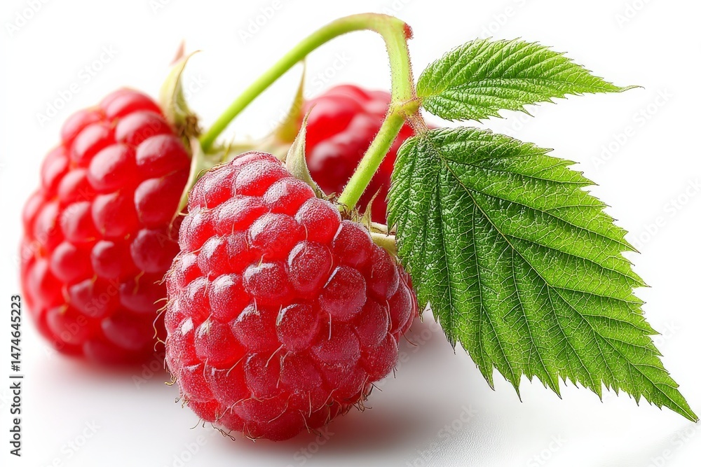 Poster fresh raspberries with green leaves arranged for a vibrant display in natural light setting