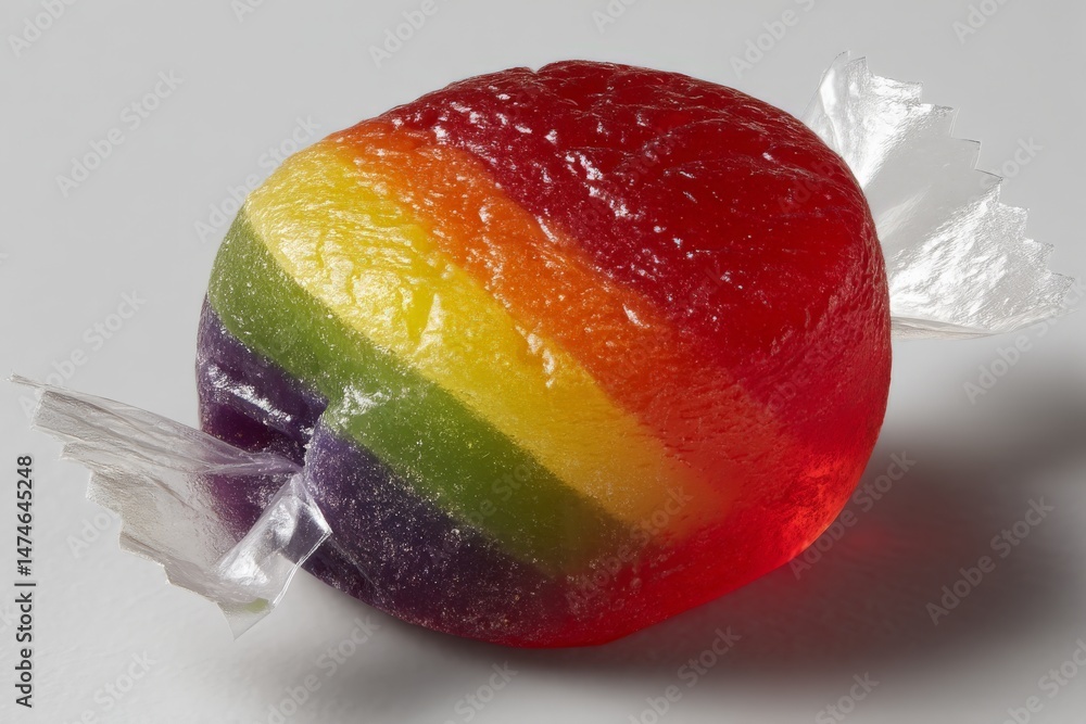 Poster colorful rainbow candy with shiny wrappers displayed on a light surface