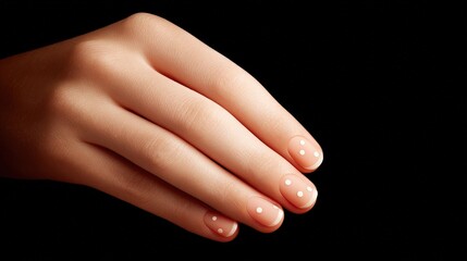 Elegant Hand with Soft Pink Nail Art Featuring White Dots on a Black Background