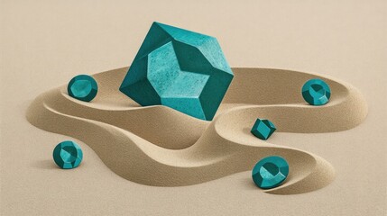 Geometric turquoise shapes on sandy background creating an artistic element of nature and design