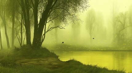 Misty Forest Landscape with Luminous Green Light and Tranquil River Reflections at Dawn