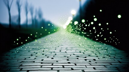 Magical green lights illuminating a cobblestone pathway in a serene outdoor setting at dusk
