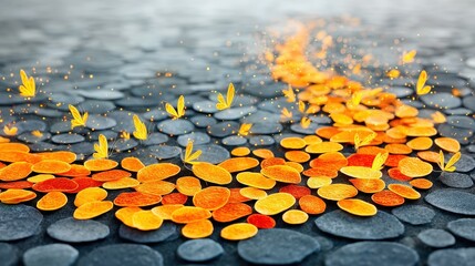Pathway of Vibrant Orange Petals and Butterflies on a Textured Stone Surface in Soft Focus