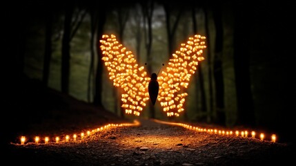 Magical glowing butterfly created by light art in enchanting forest path at dusk