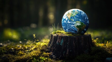 Earth globe rests on mossy tree stump in forest, sunlight highlighting the scene