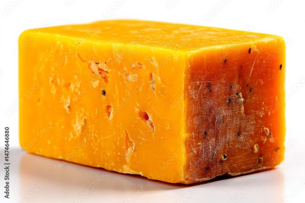 Aufkleber Cheddar cheese block with herbs and spices displayed on a white surface in a well-lit setting