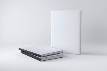Stack of blank books and a single book against a white background. Minimalist design.
