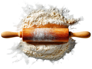 Rolling pin on flour, white isolate background