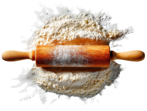 Rolling pin on flour, white isolate background