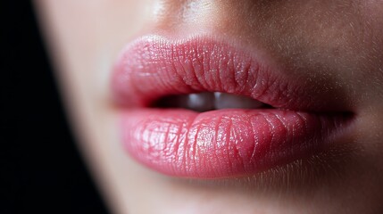 A close-up of lips with lip fillers, dark dramatic background upper and lower pastel pink part of your mouth