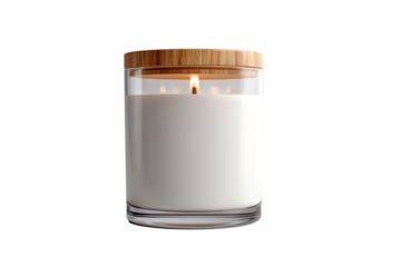Scented candle in glass jar with wooden lid, white isolate background.